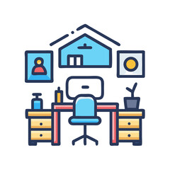 Stylized vector illustration of home office setup with desk, chair, and decoration on black backdrop