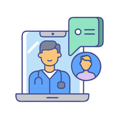 Online Medical Consultation Illustration with Doctor and Patient on a Tablet, Chat Bubble