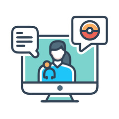 Online medical consultation with doctor depicted on a computer screen, communication and healthcare