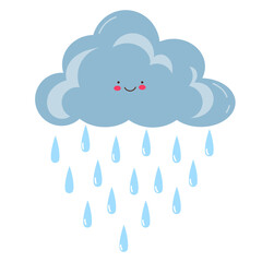 Cute Kawaii Rain Cloud with Raindrops, Kids Illustration, Vector Illustration
