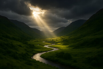Sun Rays Breaking Through Clouds Over Lush Green Valley and Winding River