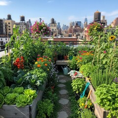 Fototapeta premium Lush Rooftop Garden Oasis in Urban Setting.