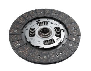 A front view of a car clutch disc or pressure plate, isolated on a white background.