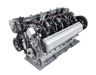 A detailed, gray car engine, isolated on a white background, automotive technology.