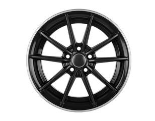 Obraz premium A black car wheel rim with a simple design, isolated on a white background, automotive component.