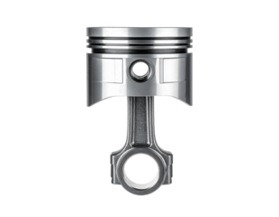 A car engine piston with connecting rod, isolated on a white background, automotive component.