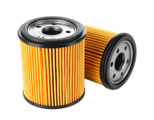 A set of two yellow car engine oil filters, isolated on a white background.