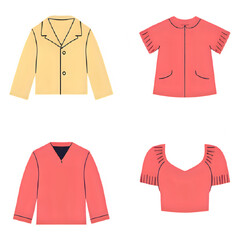 Four simple illustrations of women's clothing: a yellow jacket, a coral short-sleeved zip-up top, a coral long-sleeved sweater, and a coral short-sleeved blouse.