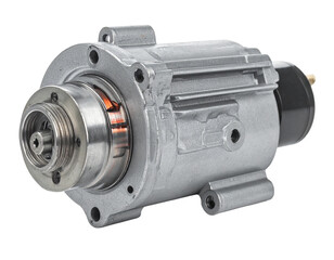 A car starter motor, isolated on a white background, automotive component.
