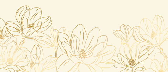 Fototapeta na wymiar Gold flower hand drawn on white background vector. Natural botanical elegant floral with gold line art. Luxury illustration for decoration, wall decor, wallpaper, cover, banner, package, card.
