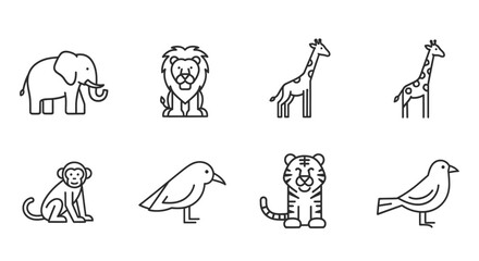 A collection of eight wild animal icons in a simple black outline style, including an elephant, lion, giraffe, monkey, bird, and tiger.