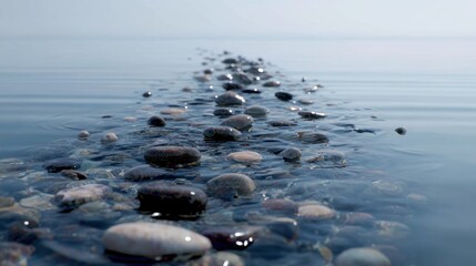 Long line of small rocks and pebbles on the surface of a body of water. the rocks are of different sizes and shapes, and they are scattered across the water's surface.