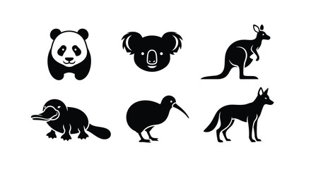 Black silhouettes of various unique animals including a panda, koala, kangaroo, platypus, kiwi bird, and dingo.