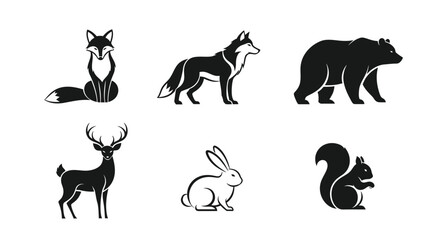 A collection of six black and white woodland animal silhouettes, including a fox, wolf, bear, deer, rabbit, and squirrel.