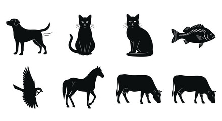 A collection of black silhouette images of different animals, including a dog, cats, fish, bird, horse, and cows.