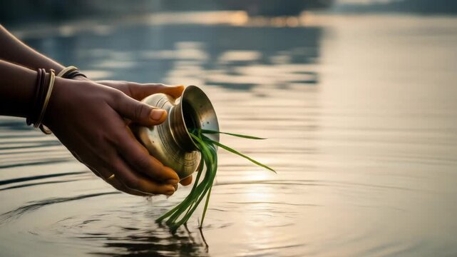 Ritual Offering During Pitru Paksha Hands Pouring Water from Kalash for Ancestral Homage Ceremony