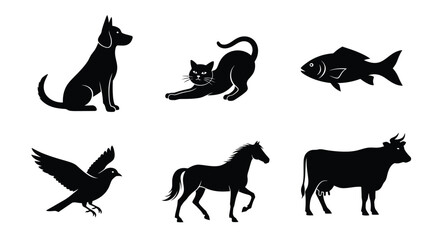 Silhouette icons of various animals including dog, cat, fish, bird, horse, and cow.