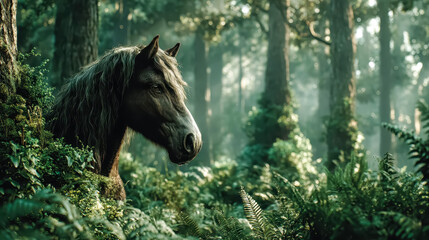 Fototapeta premium Black Horse with Mane in Green Forest under Sunlight in Spring Close Up