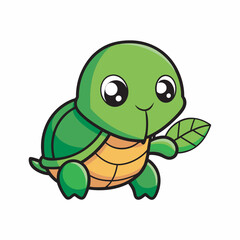 Fototapeta premium Charming Cartoon Turtle with Big Eyes Holding a Leaf An Adorable Reptile in a Playful Illustration Style