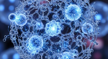 A glowing interconnected molecular structure composed of transparent blue spheres and a lattice framework set against a dark blurred background
