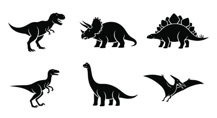 A collection of six black silhouettes of various prehistoric dinosaurs and reptiles on a white background. © Sultan Desain