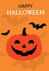 Happy Halloween Pumpkin with Bats, Vector Illustration.