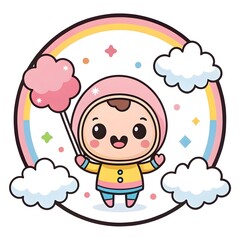 Whimsical Chibi Cartoon Of A Cotton Candy Cloud Smiling Sweetly, Cute Kawaii Dessert Illustration Full Of Fluffy Charm, Playful Pastel Treat Character Bursting With Adorable Joy