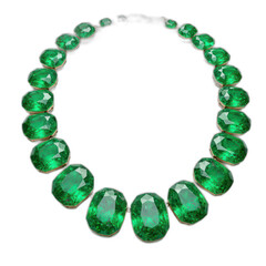Luxurious emerald necklace, showcasing a captivating array of faceted gems, set against a striking black backdrop.