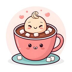 Adorable Chibi Cartoon Of A Cup Of Hot Cocoa Winking With Marshmallows Floating On Top, Cute Kawaii Winter Drink Illustration Full Of Cozy Sweetness And Playful Charming Character