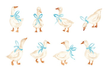 Retro geese clip art. Watercolor goose with blue bow. Hand painted set for greeting card, banner, invitation. Old styled illustrations. Vintage geese set