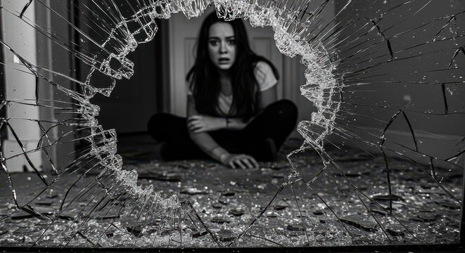 Shattered Reflections: A lone figure sits amidst shattered glass, the aftermath of a window, creating a scene of emotional vulnerability and isolation.