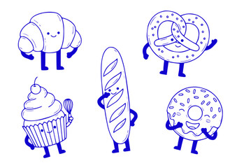 Cartoon sweets mascots, smiling cookie, playful waffle, croissant and tasty macaron