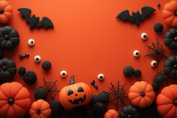 Halloween-Themed Orange Background with Spooky Decorations, Top View, Creative Design for Cards and Social Media Posts.