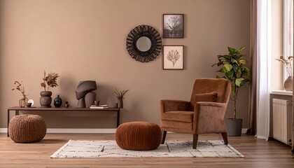 Living room interior in brown mocha mousse 2025 color with brown armchair and decor