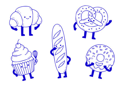 Cartoon sweets mascots, smiling cookie, playful waffle, croissant and tasty macaron