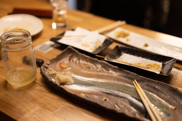 Empty dishes after Japanese meal