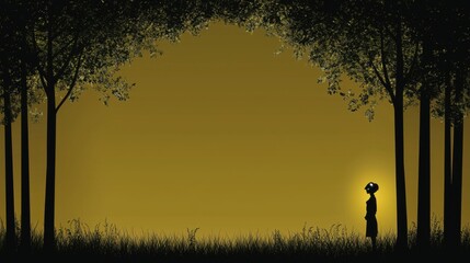 Man standing in forest with futuristic police woman illustration in natural setting