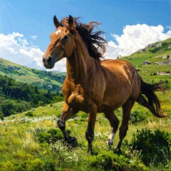 Running horse in meadow