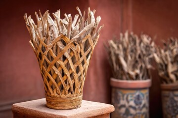 Woven basket filled with dried plant stems sits on a pedestal