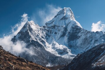 Snow-capped mountain peak rises majestically against a blue sky, framed by valleys. Clouds cling to its sides, creating a sense of serenity