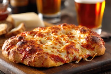 Cheesy pizza on wooden board with drinks