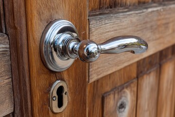 Polished chrome door handle on rustic wood door