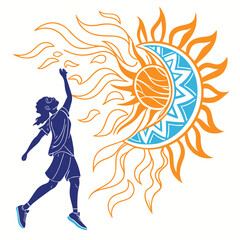 Fototapeta premium A woman is reaching for the sun, which is half sun and half moon