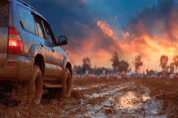 Mud-caked SUV drives through a muddy field at sunset