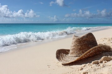 Straw hat rests on a pristine beach, gentle waves lapping the shore under a bright sky