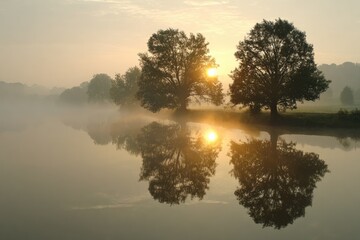 Misty sunrise over calm water, reflecting two trees