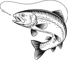 Vintage Fishing Hook with Fish engraving outline vector art illustration design,  Fish silhouette, hand drawn, line art fish design