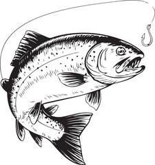 Vintage Fishing Hook with Fish engraving outline vector art illustration design,  Fish silhouette, hand drawn, line art fish design