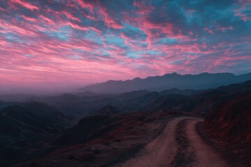 A winding dirt road leads through a mountainous landscape under a vibrant, pink and blue sunset sky