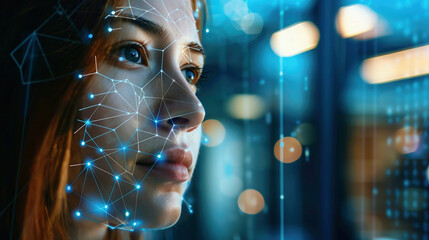 Close up of beautiful young woman face with face recognition mesh and immersive binary interface. Concept of hi tech.